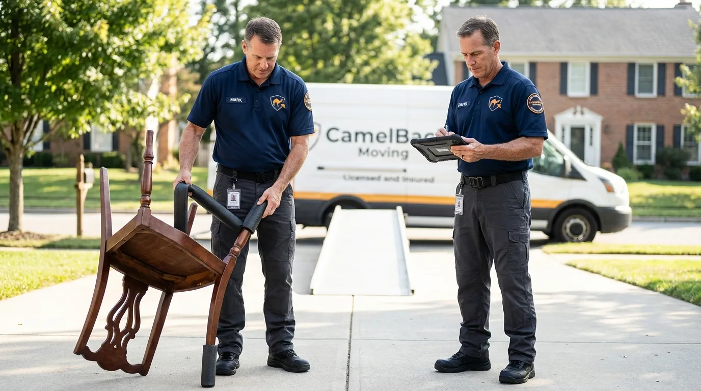 Movers inspecting furniture for damage prevention before loading in Glenshaw, PA