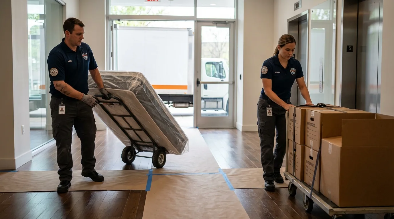 Professional apartment movers loading elevator in Glenshaw, PA