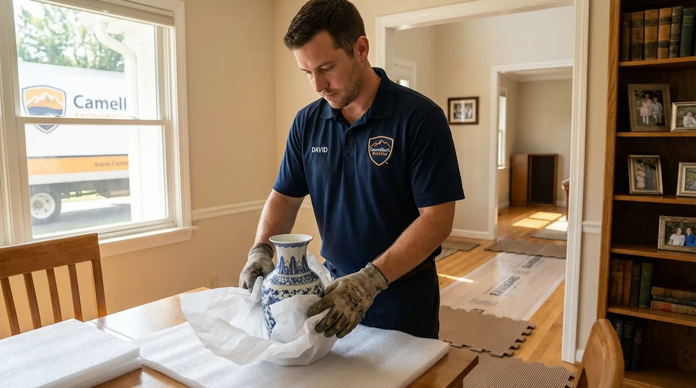 Professional crew carefully wrapping antique vase for senior downsizing move in Glenshaw, PA